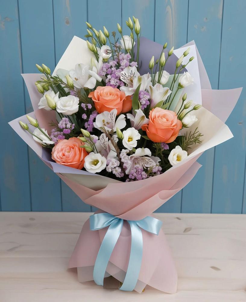 Букет цветов из: Лизиантусы, Розы, Альстромерии и Гипсофила в Воронежском