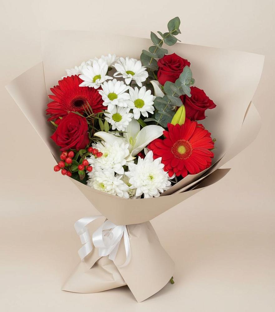 Букет цветов из: Розы, Хризантемы, Герберы и Лилии в Воронежском
