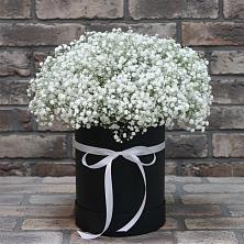 Цветочная композиция из Гипсофила в шляпной коробке в Воронежском